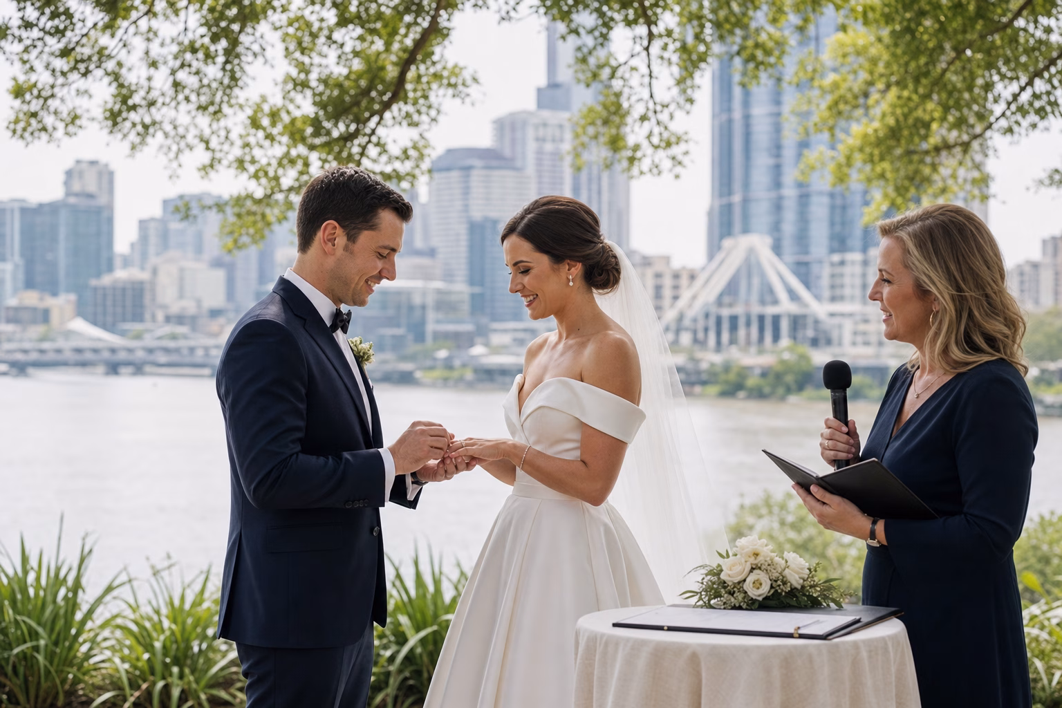 Celebrant guides a couple exchanging rings beside the Brisbane River