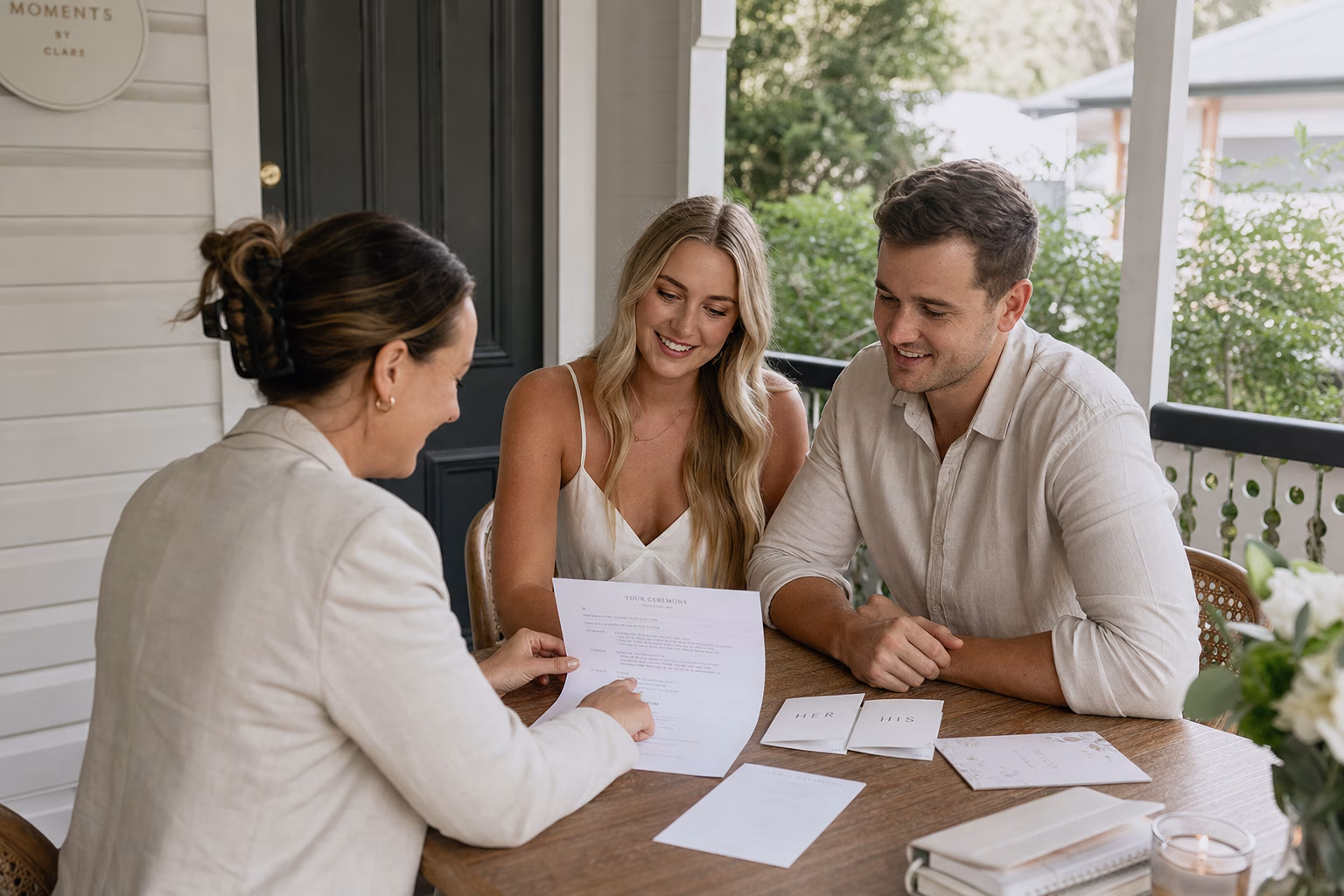 Celebrant and couple discussing a personalised ceremony script