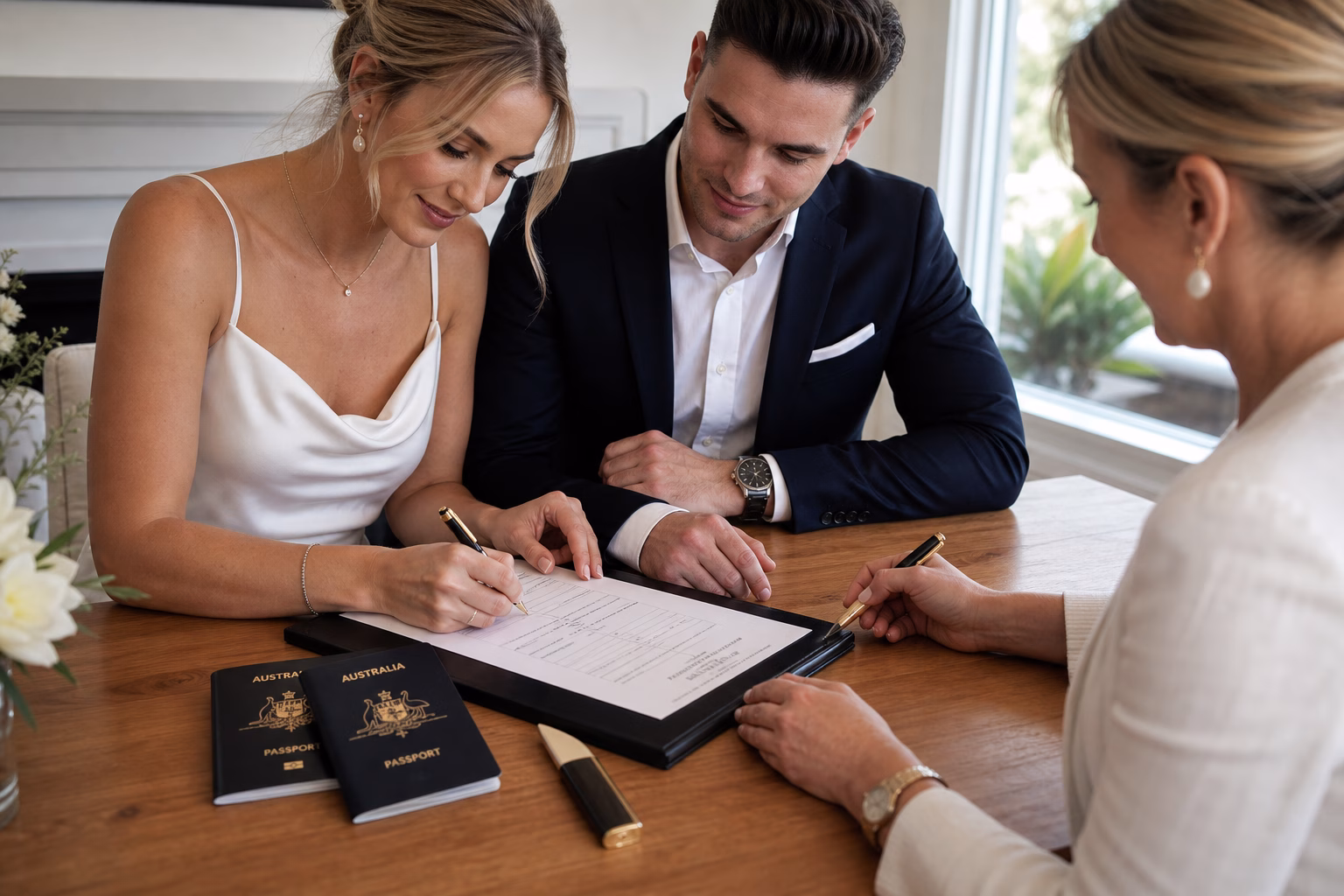 Couple completes marriage paperwork with a celebrant at a table